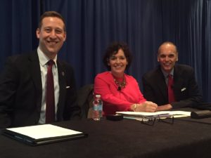 Photo courtesy of The Plank Center for Leadership in Public Relations. Moderator Brian Price and panelists Bridgett Coffing and Mike Fernandez at the Living Legends Panel at 2016 PRSSA National Conference.