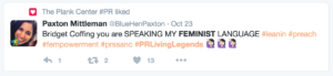 #PRLivingLegends Tweet about Bridget Coffing Feminism