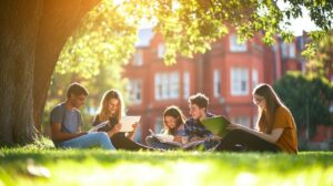 Group of students sitting outside on campus, talking and working together on assignments.